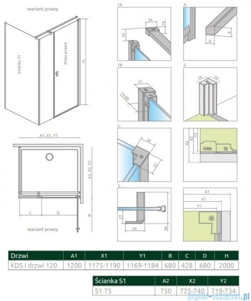 Radaway Nes 8 Kds I kabina 120x75cm prawa przejrzyste 10073120-01-01R/10073112-01-01/10089075-01-01