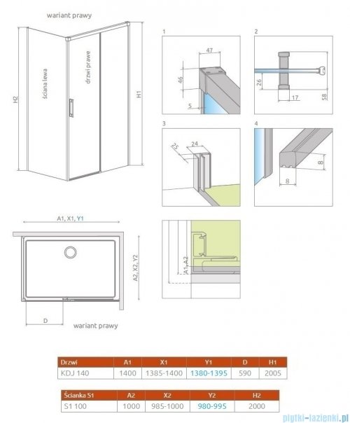 Radaway Idea Gold Kdj kabina 140x100cm prawa złoty połysk/szkło przejrzyste 387044-09-01R/387052-09-01L