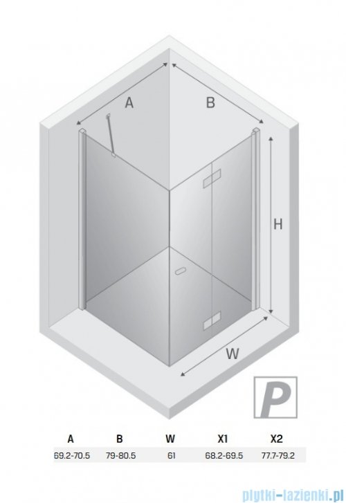  New Trendy New Soleo Light Gold 70x80x195 cm kabina prawa drzwi składane pojedyncze wspornik skośny złoty połysk/szkło przejrzyste K-1920