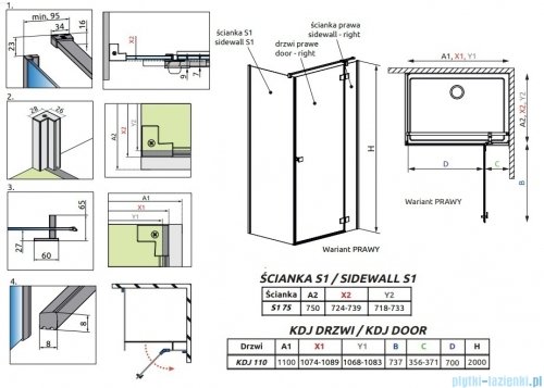 Radaway Essenza 8 Brushed Copper Kdj kabina 110x75cm prawa szczotkowana miedź 10480712-01-01R/10470337-93-01R/10113075-01-01