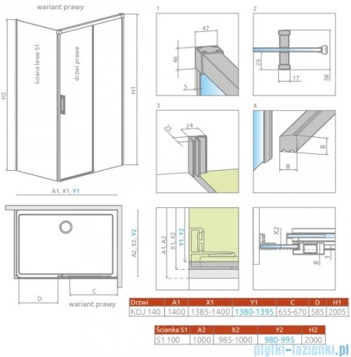Radaway Idea Kdj Brushed Nickel kabina 140x100cm prawa szczotkowany nikiel 387044-91-01R/387052-91-01L