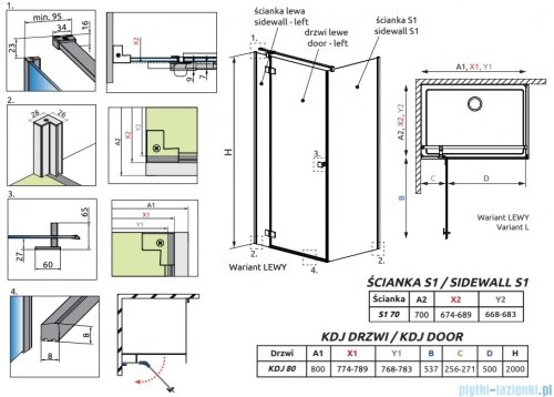 Radaway Essenza 8 Brushed Gold Kdj kabina 80x70cm lewa szczotkowane złoto 10480512-01-01L/10470237-99-01L/10113070-01-01