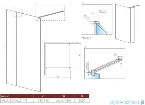 Radaway Modo X II kabina Walk-in 75x200 szkło przejrzyste 10mm 389275-01-01
