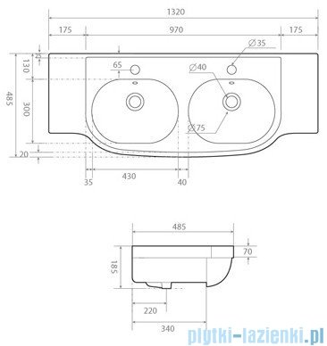 Bathco Hannover umywalka podwójna ścienna 132x48,5cm H1006