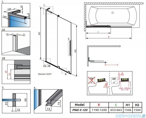 Radaway Furo SL Black PND II parawan nawannowy 120cm lewy czarny mat/przejrzyste 10309638-54-01L/10112594-01-01
