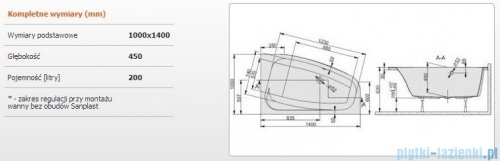 Sanplast Free Line Wanna asymetryczna prawa+stelaż WAP/FREE 140x100+ST27, 610-040-0850-01-000