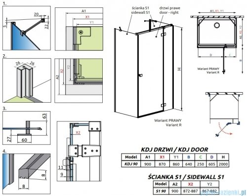 Radaway Essenza Brushed Copper Kdj+S kabina 90x90x90cm prawa szczotkowana miedź 1384050-01-01/1385020-93-01R/1384050-01-01