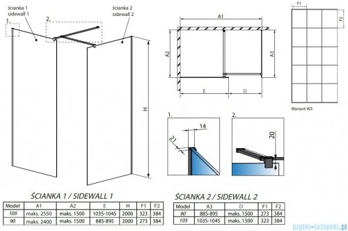 Radaway Modo New Black III kabina Walk-in 105x90x200 Factory rysunek techniczny