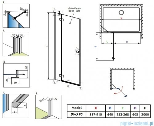 Radaway Essenza Black Dwj drzwi wnękowe 90cm lewe szkło przejrzyste 1385013-54-01L