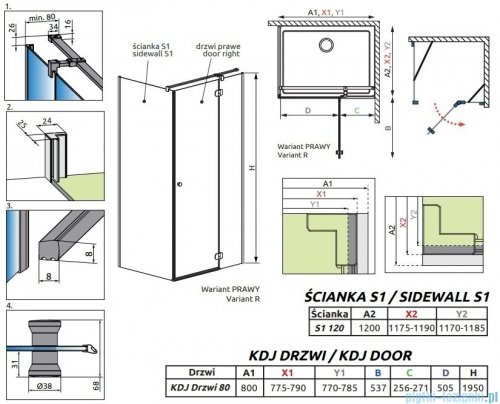 Radaway Torrenta KDJ kabina prysznicowa 80x120 prawa przejrzyste wspornik krzyżowy 133280-01-01R/1330120-01-01
