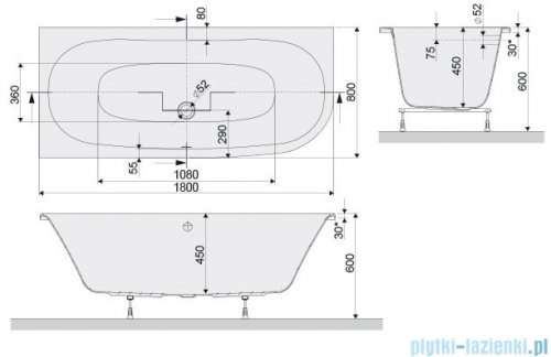 Sanplast Luxo WAL(L)se/LUXO wanna asymetryczna lewa bez obudowy 180x80 cm biała 610-370-1210-01-000