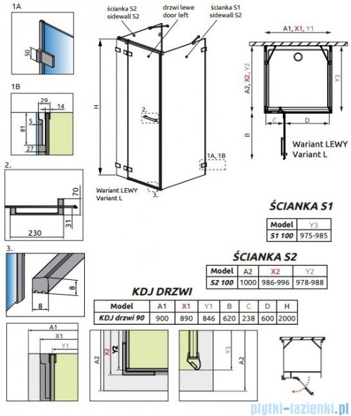 Radaway Euphoria KDJ+S Kabina przyścienna 100x90x100 lewa szkło przejrzyste 383612-01L/383221-01L/383052-01/383032-01
