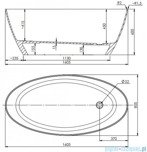 Omnires Siena WW BP wanna wolnostojąca 160,5x80,5cm biały połysk rysunek techniczny