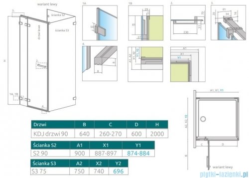 Radaway Euphoria KDJ P Kabina przyścienna 90x75x90 lewa szkło przejrzyste 383612-01L /383241-01L/383030-01/383058-01
