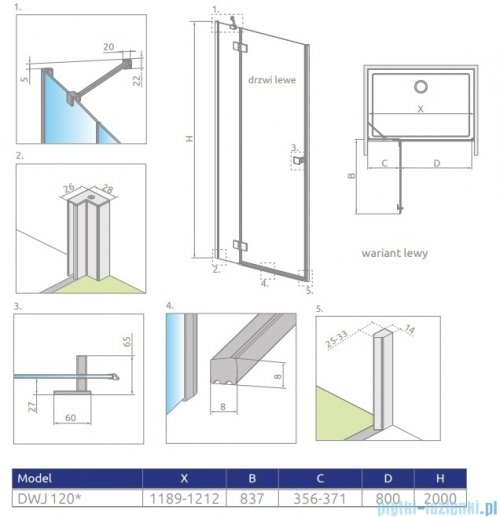 Radaway Essenza 8 Brushed GunMetal Dwj drzwi wnękowe 120cm lewe szczotkowany grafit/szkło przejrzyste 10480812-01-01L/10460337-92-01L