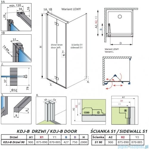 Radaway Nes 6 Kdj B Brushed Light Gold kabina 90x90cm lewa szczotkowane jasne złoto 10025090-98-01L/10039090-01-01