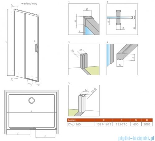 Radaway Idea DWJ Brushed GunMetal drzwi wnękowe 160cm lewe szczotkowany grafit 387020-92-01L