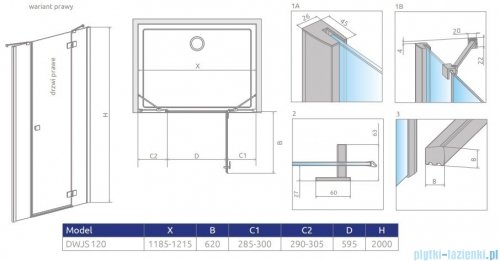 Radaway Essenza New Black DWJS drzwi wnękowe 120cm prawe szkło przejrzyste Montaż na posadzce, bez progu, bez listwy, ShowerGuard, UltraClear
