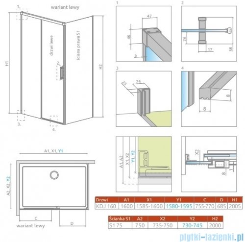 Radaway Idea Kdj Brushed Copper kabina 160x75cm lewa szczotkowana miedź 387046-93-01L/387049-93-01R