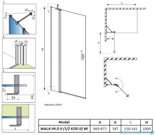 Radaway Nes KDD II Brushed GunMetal kabina walk-in 90cm lewa szczotkowany grafit szkło przejrzyste 10031090-92-01L