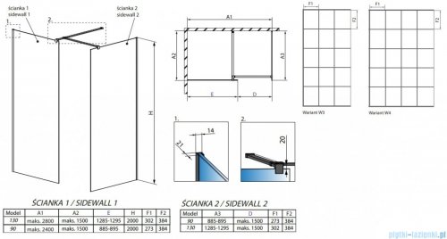 Radaway Modo New Black III kabina Walk-in 130x90x200 Factory rysunek techniczny