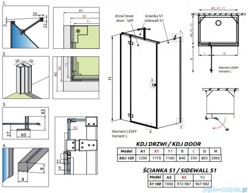 Radaway Essenza Brushed Nickel Kdj+S kabina 100x120x100cm lewa szczotkowany nikiel 1384052-01-01/1385024-91-01L/1384052-01-01