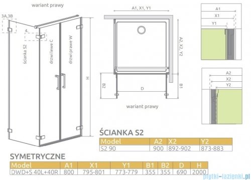 Radaway Arta Dwd+s kabina 80x90cm prawa szkło przejrzyste 386180-03-01R/386055-03-01L/386111-03-01