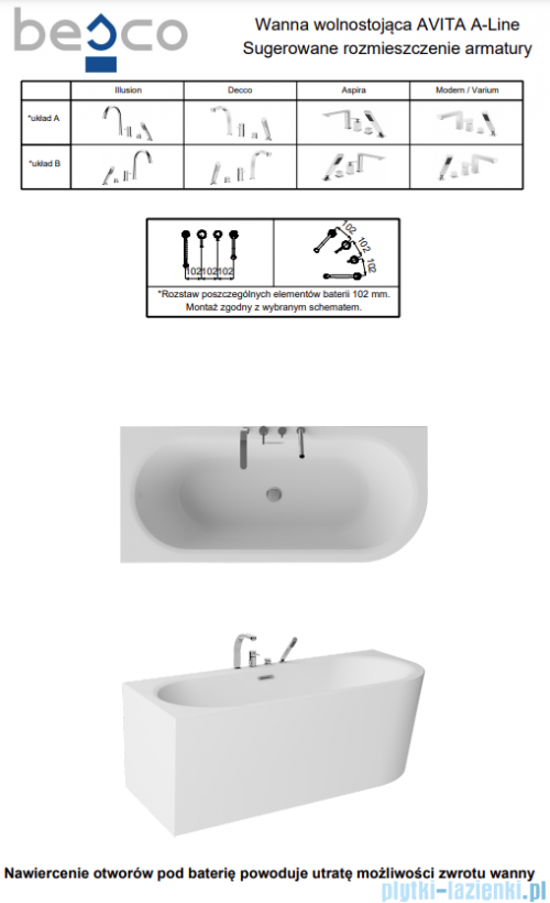 Besco Avita A-line 170x75cm wanna wolnostojąca przyścienna lewa akrylowa + syfon klik-klak biały z przelewem slim #WAA-170ALBS