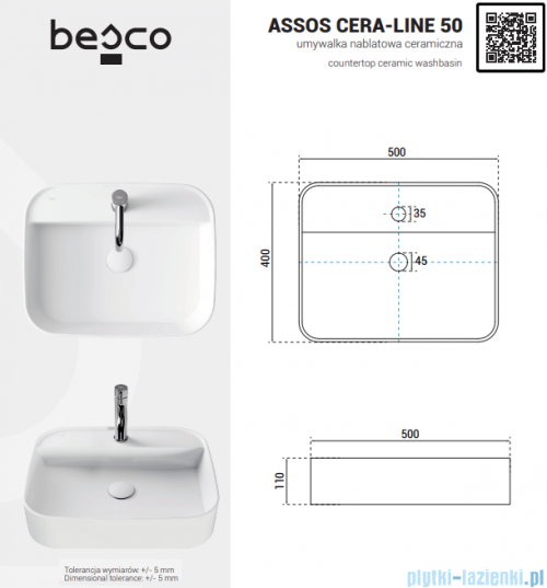 Besco Assos Cera-Line White umywalka nablatowa biała 50 cm biały połysk UNC-50-ASB