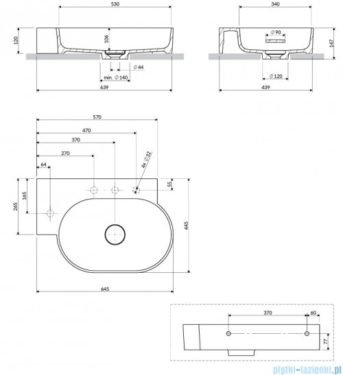 Omnires Ovo M+ umywalka nablatowa/wisząca lewa 64x44 cm ash grey mat OVO645UWLAG