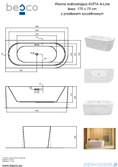 Besco Avita A-line 170x75cm wanna wolnostojąca przyścienna lewa akrylowa + syfon klik-klak biały z przelewem slim #WAA-170ALBS