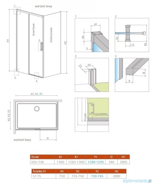 Radaway Idea Gold Kdj kabina 130x75cm lewa złoty połysk/szkło przejrzyste 387043-09-01L/387049-09-01R