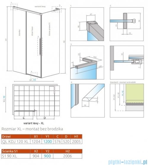 Radaway Idea 8 QL XL Kdj kabina 120x90cm lewa szkło przejrzyste 10560617-01-01L/10570572-01-01/10580090-01-01R