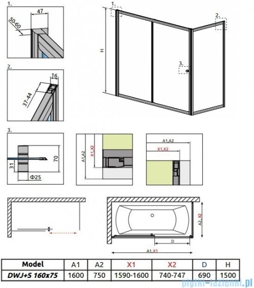Radaway Vesta Dwj+s parawan nawannowy 160x75cm szkło przejrzyste 209116-01-01/204075-01