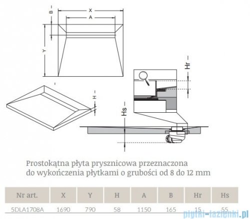 Radaway prostokątny brodzik podpłytkowy z odpływem liniowym Basic na dłuższym boku 169x79cm 5DLA1708A,5R115B,5SL1