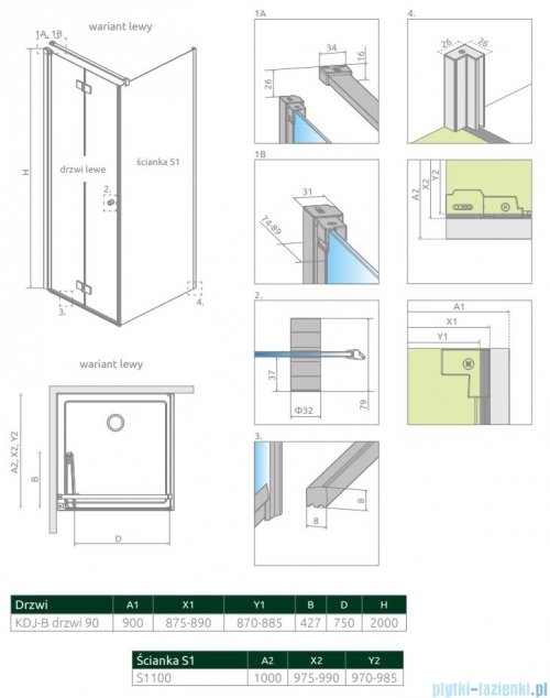 Radaway Nes KDJ B kabina 90x100 lewa przejrzyste rysunek techniczny