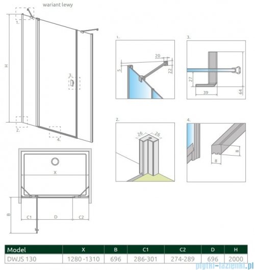 Radaway Nes Dwjs drzwi wnękowe 130cm lewe szkło przejrzyste 10038130-01-01L
