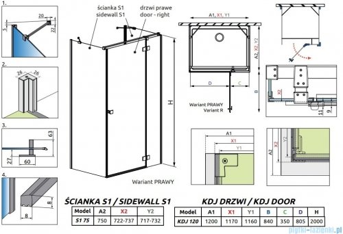 Radaway Essenza Kdj+S kabina 75x120x75cm prawa szkło przejrzyste 1384049-01-01/1385024-01-01R/1384049-01-01