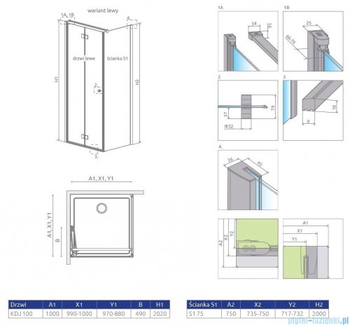 Radaway Essenza New KDJ-B kabina prysznicowa 100x75 lewa przejrzyste + brodzik Delos D + syfon 385083-01-01L/384049-01-01/4D17555-03