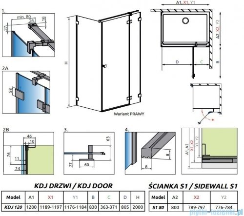 Radaway Essenza Pro Brushed Copper Kdj kabina 120x80cm prawa szczotkowana miedź 10097120-93-01R/10098080-01-01