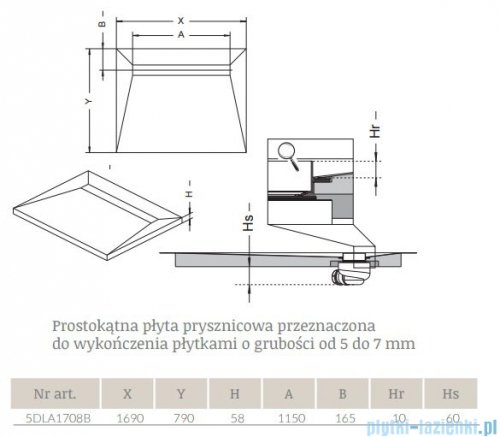 Radaway prostokątny brodzik podpłytkowy z odpływem liniowym Flowers na dłuższym boku 169x79cm 5DLA1708B,5R115F,5SL1