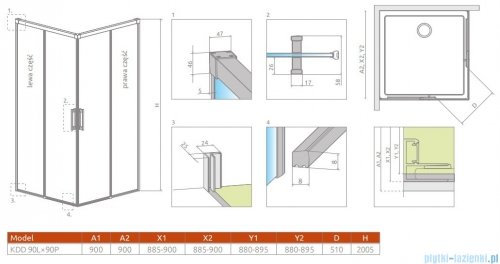 Radaway Idea Black Kdd kabina 90x90cm szkło przejrzyste rysunek techniczny