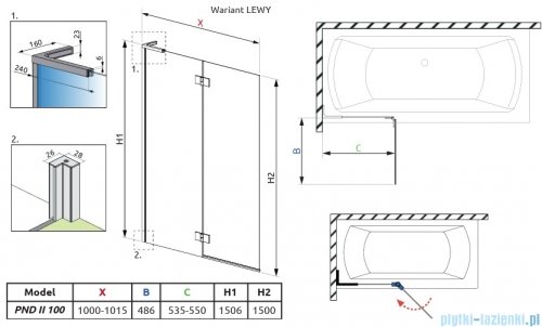Radaway Essenza 8 SL Gold PND II parawan nawannowy 100cm lewy złoty połysk/przejrzyste 10500100-09-01L