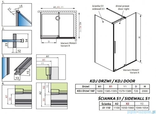 Radaway Furo Kdj Brushed GunMetal kabina 160x110cm prawa szczotkowany grafit 10104822-92-01R/10110780-01-01/10113110-01-01