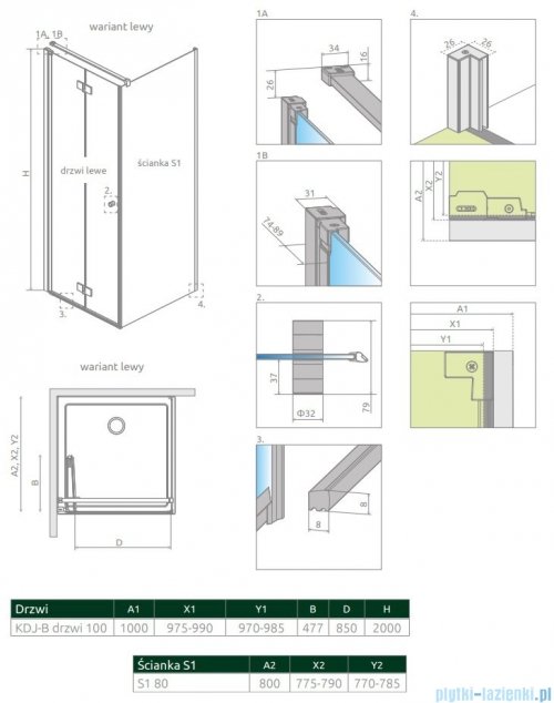 Radaway Nes KDJ B kabina 100x80 lewa przejrzyste rysunek techniczny