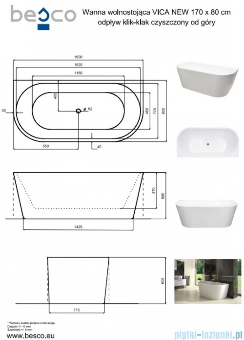 Besco Vica New wanna 170x80cm wolnostojąca przyścienna z odpływem klik-klak biały #WAS-170VNBO