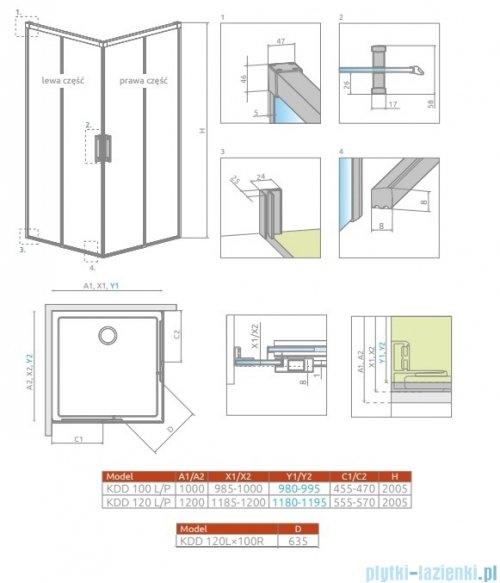 Radaway Idea Kdd Brushed Copper kabina 120x100cm szczotkowana miedź 387064-93-01L/387062-93-01R