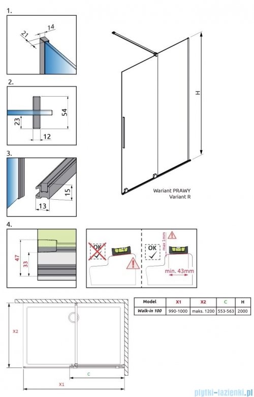 Radaway Furo Brushed Copper kabina Walk-in 100x200cm prawa szczotkowana miedź 10106538-93-01R/10110494-01-01