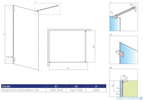 Radaway Essenza Pro Gold 105x200 kabina Walk-in złoty połysk/szkło przejrzyste 10103105-09-01