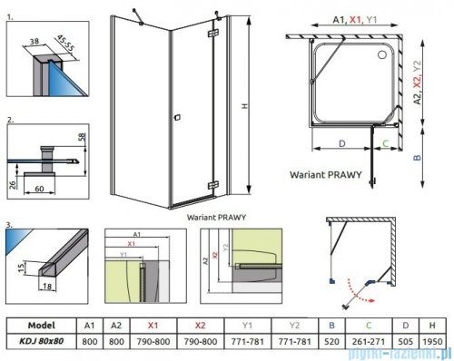 Radaway Almatea Kdj Kabina kwadratowa 80x80 Prawa szkło przejrzyste rysunek techniczny